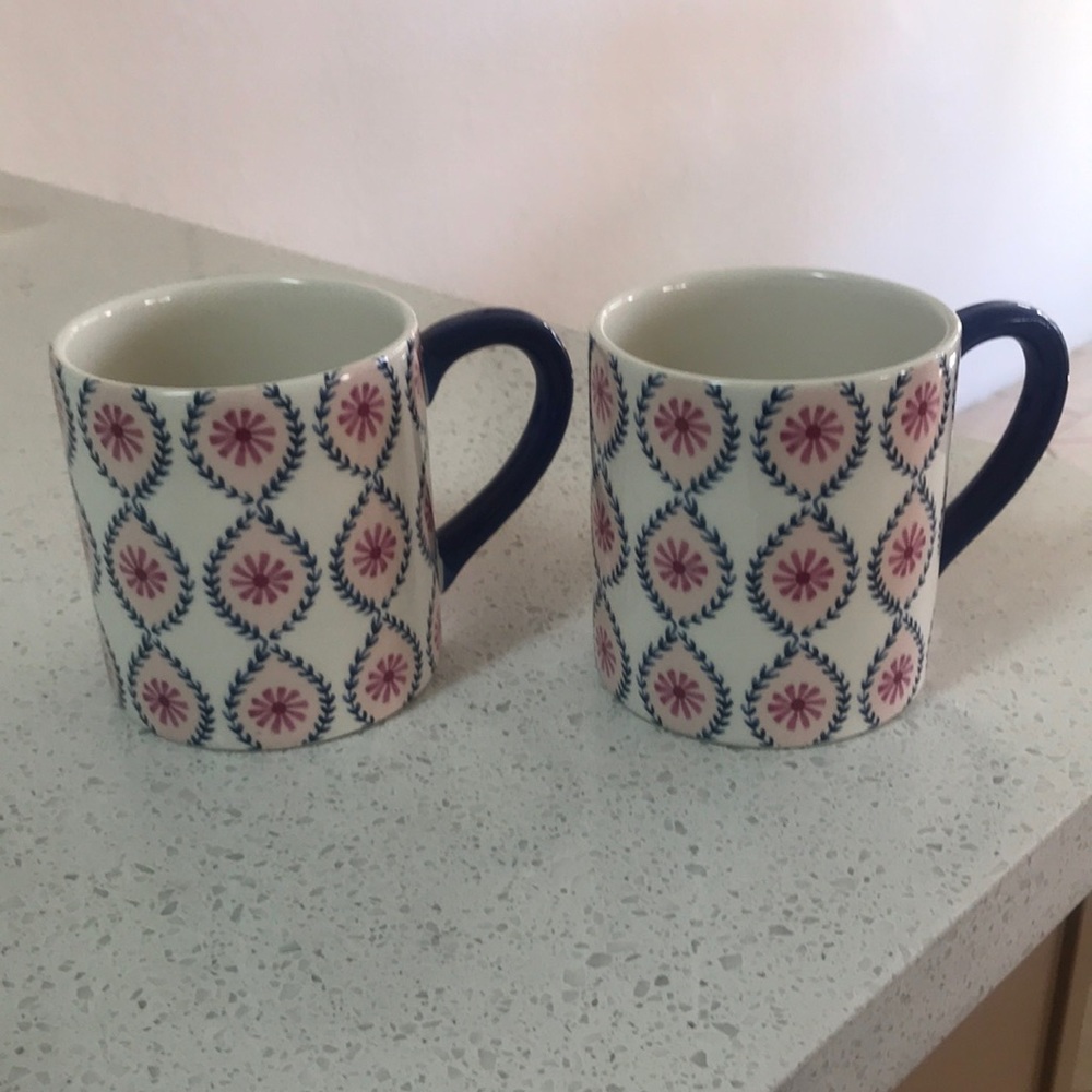 Pink and blue coffee or tea large mugs, feminine Guilded Age English motif print